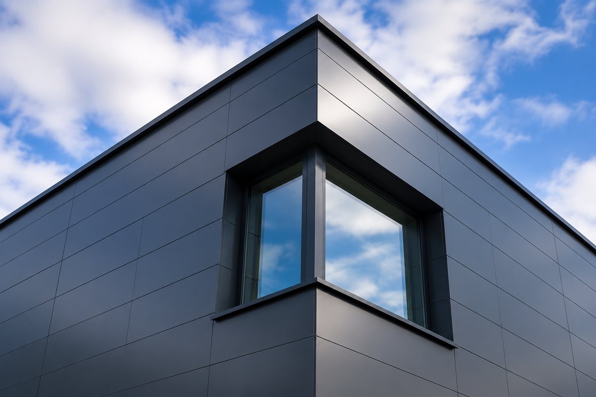 Moderne anthrazit Fassadenverkleidung mit Eckfenster – Spenglerei Schütz