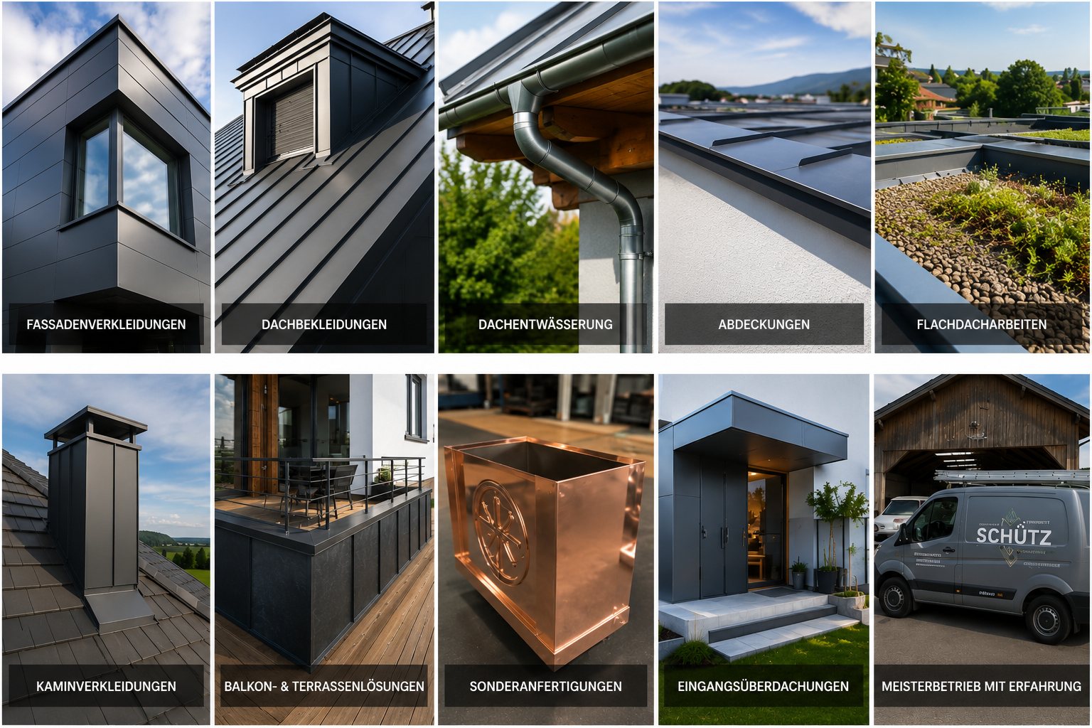 Leistungsspektrum Spenglerei Schütz: Fassadenverkleidung, Dachbekleidung, Dachentwässerung, Abdeckung, Flachdach, Kaminverkleidung, Balkon- und Terrassenlösungen, Sonderanfertigungen, Eingangsüberdachungen